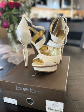 bebe White Strappy Platform Stiletto Sandals